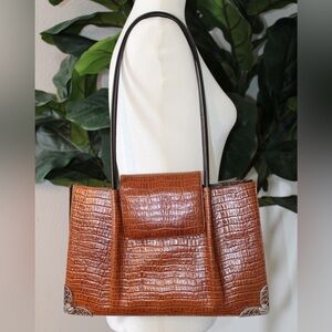 Vintage Brighton Brown Croc-Embossed Leather Shoulder Bag Silver Hardware